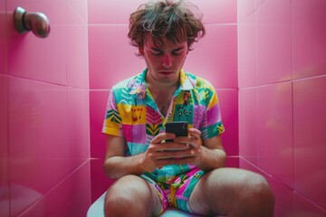Aufkleber - A person sitting on a toilet using their mobile device, a common modern scene