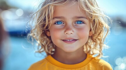 Poster - A young blonde girl with blue eyes is smiling at the camera. She is wearing a yellow shirt and has a blue streak in her hair