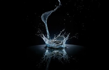 Poster - Water splash with a dark background, water droplets falling into the liquid.