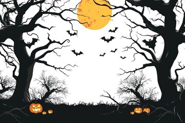 Wall Mural - Spooky Halloween setting with pumpkins and flying bats, great for autumn or horror themed designs