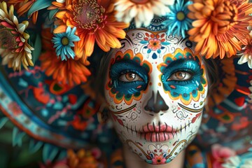 Poster - Close-up of a person with vibrant flower designs on their face, perfect for festival or party concepts