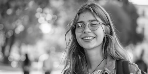 Poster - A woman wearing glasses and smiling directly at the camera