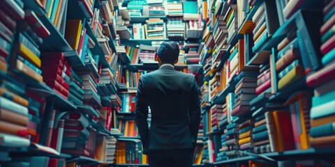 Poster - A person walking through a library, possible research or studying activity