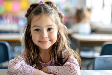 Canvas Print - A young student sits at a table in a typical classroom setting, surrounded by books and educational materials