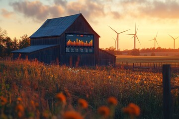 Canvas Print - A rustic wooden barn with a screen displaying a financial chart.  Wind turbines are in the background under a fiery sunset.