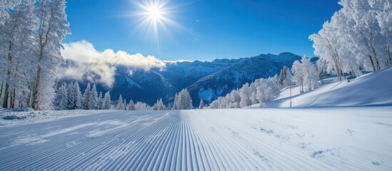 Wall Mural - A sunny winter day on a snow-covered mountain with a groomed ski slope in the foreground, with snow-covered trees and a view of a blue sky and snowy mountains.