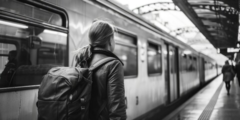 Wall Mural - A woman standing at the platform waiting for a train, possibly traveling or going on an adventure