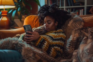 Aufkleber - A person is seated on a sofa, using a mobile device