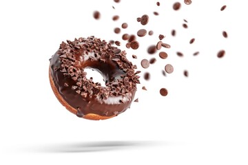 Wall Mural - A delicious-looking chocolate donut covered in colorful sprinkles and topped with extra chocolate chips, perfect for a sweet treat or dessert display