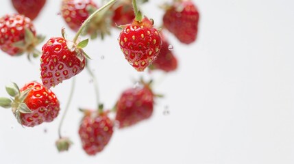 Poster - A cluster of ripe strawberries hangs from a green branch