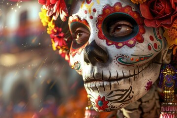 Poster - A close-up shot of a person wearing a skull mask, great for Halloween or costume parties