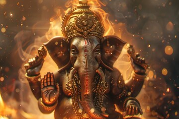 Poster - A statue of an elephant surrounded by flames
