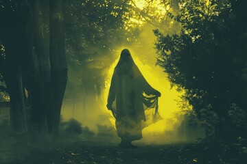 Aufkleber - A person in a white robe walks through a dense forest, surrounded by trees and foliage