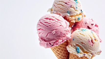 Poster - A photo of a colorful waffle cone filled with three scoops of ice cream