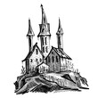 © ARTBRUSH - an old dilapidated castle hand-drawn in black and white graphics
