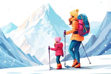 Sticker - A mother and her young child enjoying a winter day on skis, surrounded by snow-covered trees