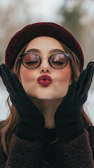 Wall Mural - Portrait of a beautiful girl with burgundy makeup, expressing sensuality in front of the camera, with sunglasses, black gloves,  and a wool cap.