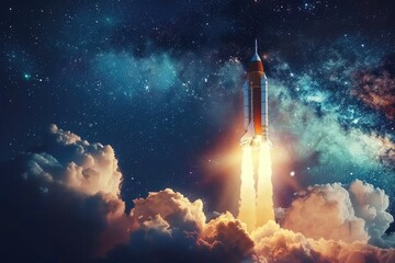 Poster - A space shuttle takes off into the sky