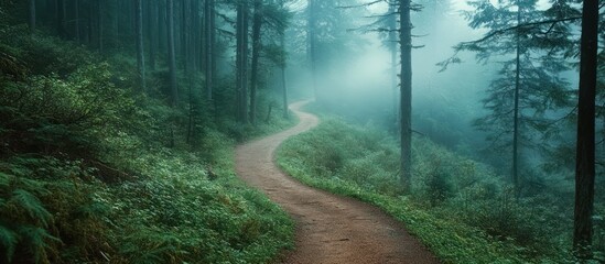 Sticker - A winding path through a misty forest, with tall trees and lush greenery on both sides.