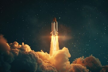 Poster - A space shuttle takes off into the sky, blasting off with a massive plume of smoke and flames