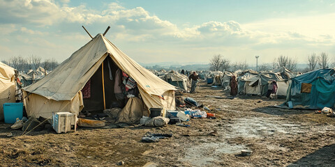 displaced people: refugee camp tents, discarded possessions, weary survivors.