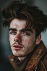 Fototapete - Close-up portrait of a person with distinctive freckles, suitable for editorial or commercial use