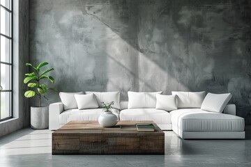 Sticker - A modern living room featuring a white couch, wooden coffee table, and neutral decor