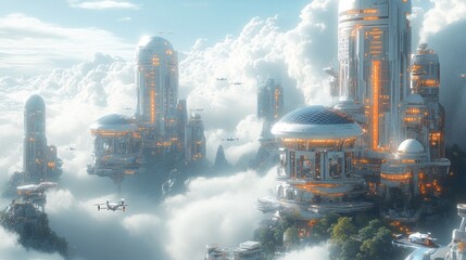 Canvas Print - A futuristic city in the clouds with flying vehicles and towering structures.