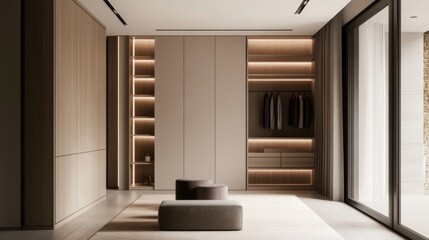 Aufkleber - A minimalist wardrobe design in a contemporary apartment, featuring sleek lines, neutral colors, and a combination of open shelving and closed storage for a tidy look