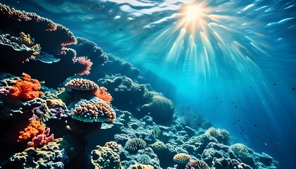 ethereal underwater landscape illuminated by sunlight with lush coral reefs and breathtaking marine 