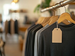 Wall Mural - A clothing rack showcases neatly hung shirts, each with a minimalist hangtag. The soft-focus background hints at a chic boutique atmosphere, ideal for branding contexts