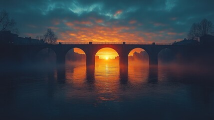 Wall Mural - A silhouetted bridge stands over a misty river with a vibrant sunrise behind it.