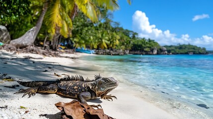 Iguana on Tropical Beach with Blue Water and Palm Trees