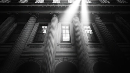 Poster - A low angle view of a classic building facade with sunlight shining through the columns and windows.