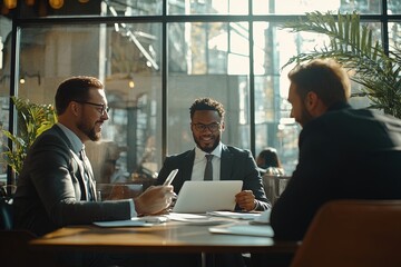 Three Professionals Engaged in Discussion While Working on a Laptop in a Modern Café Filled With Natural Light