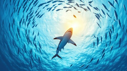 Wall Mural - Majestic Shark Swimming Among School of Fish in Ocean