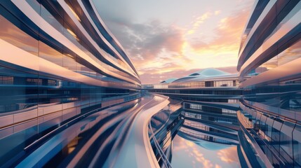 Aufkleber - A futuristic cityscape with tall buildings and a large glass structure