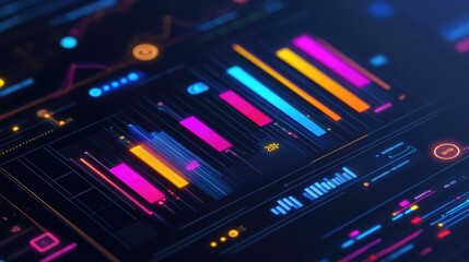 Poster - A sleek 3D bar chart with high-tech design elements, illustrating key performance indicators in a corporate setting, emphasizing modern data representation.