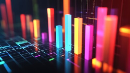 Poster - A sleek 3D bar chart with high-tech design elements, illustrating key performance indicators in a corporate setting, emphasizing modern data representation.