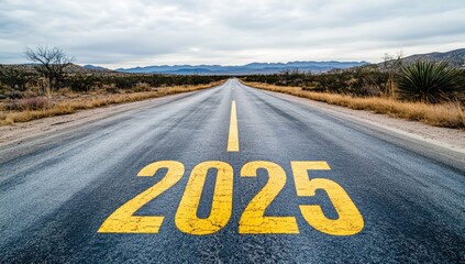 New year 2025 straightforward for environmental sustainability concept. Text 2025, save the world, leaf icon on the road in the middle of asphalt road at sunset. Ecological balance, sustainability.