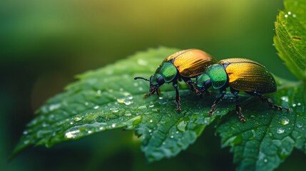 Aufkleber - A pair of beetles on a dew-drenched leaf, their shiny bodies reflecting the morning light, surrounded by lush greenery, creating a natural and dynamic scene.