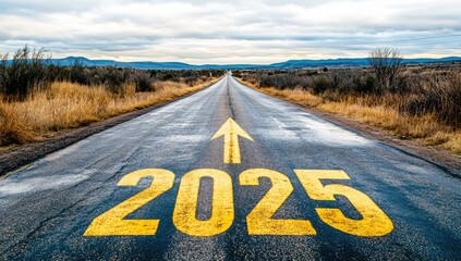 New year 2025 straightforward for environmental sustainability concept. Text 2025, save the world, leaf icon on the road in the middle of asphalt road at sunset. Ecological balance, sustainability.