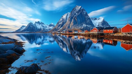 A picturesque village nestled between snow-capped mountains, reflected in a tranquil blue lake at sunrise.