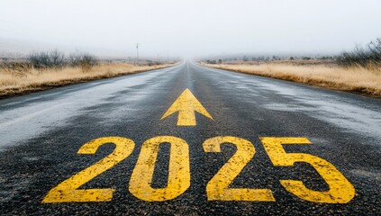 New year 2025 straightforward for environmental sustainability concept. Text 2025, save the world, leaf icon on the road in the middle of asphalt road at sunset. Ecological balance, sustainability.