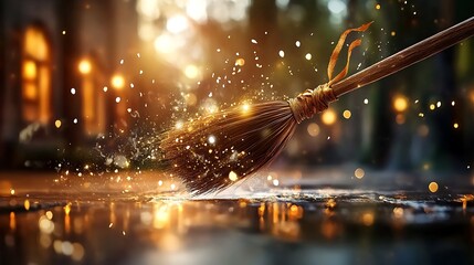 Magical Broom with Golden Glitter and Bokeh Lights