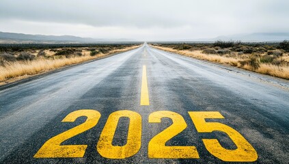 New year 2025 straightforward for environmental sustainability concept. Text 2025, save the world, leaf icon on the road in the middle of asphalt road at sunset. Ecological balance, sustainability.