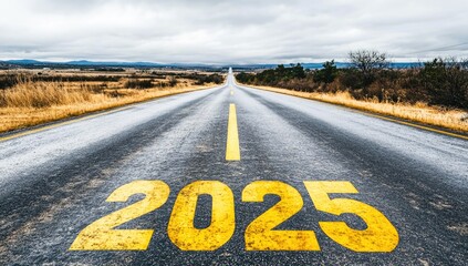 New year 2025 straightforward for environmental sustainability concept. Text 2025, save the world, leaf icon on the road in the middle of asphalt road at sunset. Ecological balance, sustainability.