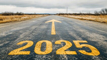 New year 2025 straightforward for environmental sustainability concept. Text 2025, save the world, leaf icon on the road in the middle of asphalt road at sunset. Ecological balance, sustainability.