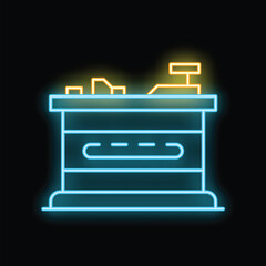 Poster - Glowing neon line cash register machine icon isolated on black background. Vector illustration