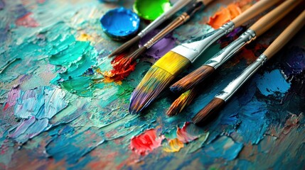 Poster - Bright splashes of color fill the palette as brushes blend hues on a textured canvas, showcasing creative energy in artistic expression. Generative AI